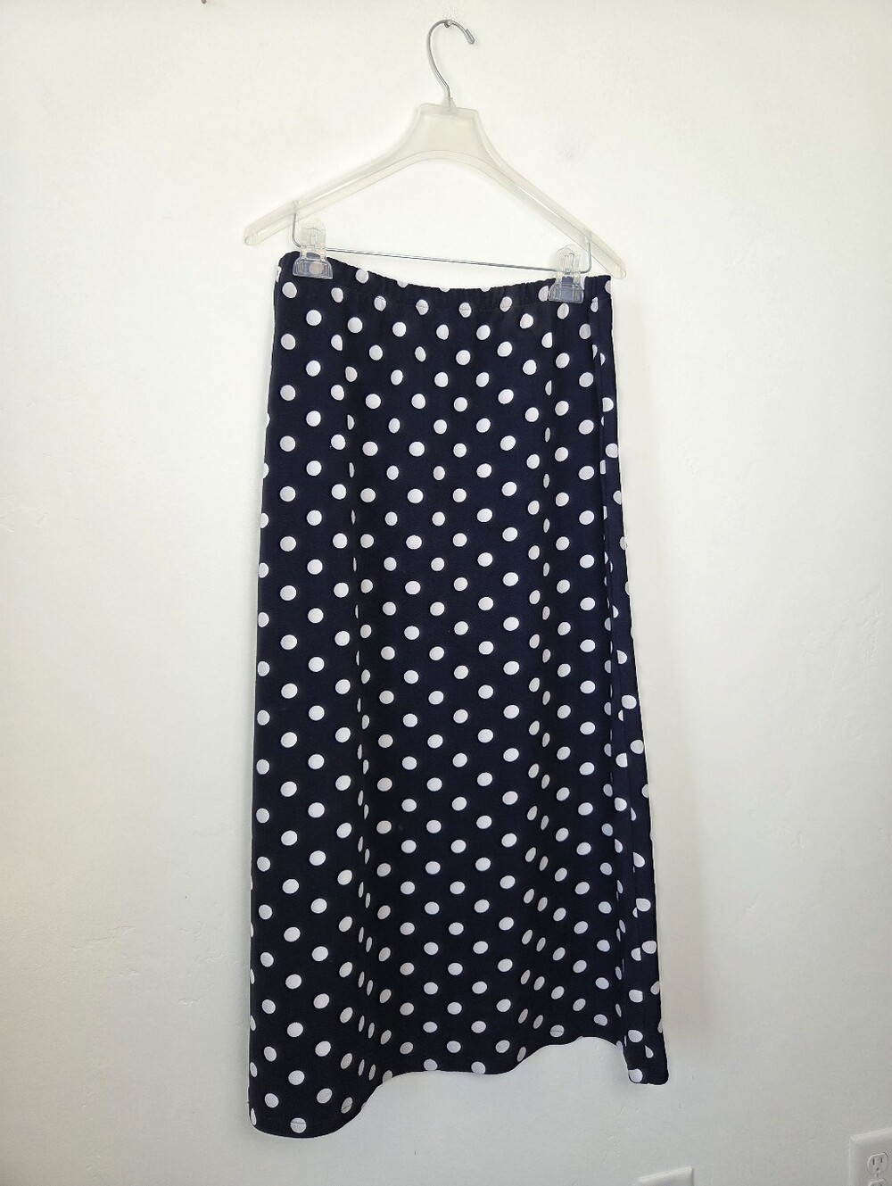 Navy Blue White Polka Dot Midi Skirt Soft Stretchy Modest Teacher Twee Church M